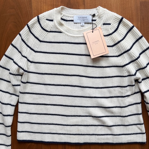 NEW / LA LIGNE Striped White & Navy Cotton Cashmere Sweater / XS - Picture 3 of 5